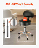 Round Rolling Stool, PU Leather Rolling Stool with Backrest, 360° Swivel Drafting Stool with Thickened Cushion, Height Adjustable Rolling Work SPA Stool, for Office, Home, Salon & Bar, Black