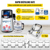VEVOR 1.1 Gal Water Distiller, 0.3 Gal/H, 750W Distilled Water Maker Machine 0-99H Timing Set Temp Display, 304 Stainless Steel Countertop Distiller Glass Carafe Cleaning Powder 3 Carbon Packs, Silver
