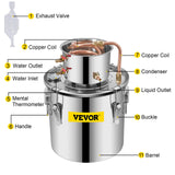 VEVOR Moonshine Still 5 Gal 21L Stainless Steel Water Alcohol Distiller Copper Tube Home Brewing Kit Build-in Thermometer for DIY Whisky Wine Brandy, 5Gal, Silver
