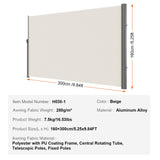 VEVOR Retractable Side Awning,160X300cm Aluminum Outdoor Privacy Screen, 280g Polyester Water-proof Retractable Patio Screen, UV 30+ Room Divider Wind Screen for Patio, Backyard, Balcony, Beige