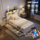 Artiss King Single Bed Frame with Storage Drawers White Platform Bedframe with Bookcase Headboard Charging Station Led Light