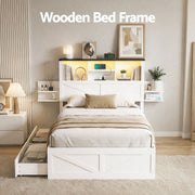 Artiss King Single Bed Frame with Storage Drawers White Platform Bedframe with Bookcase Headboard Charging Station Led Light