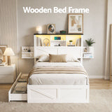 Artiss King Single Bed Frame with Storage Drawers White Platform Bedframe with Bookcase Headboard Charging Station Led Light
