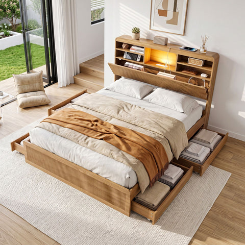 Artiss Double Bed Frame with Storage, 4 Drawers, USB and Night Light Natural