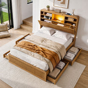 Artiss King Single Bed Frame with Storage, 4 Drawers, USB and Night Light Natural