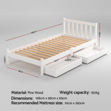 Artiss Bed Frame Single Size Wooden Platform with 2 Storage Drawers White SOFIE
