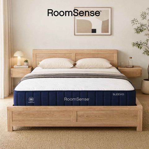RoomSense Queen 26cm Firm Mattress Bundle with Oatmeal Wooden Bed Frame