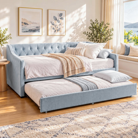 Artiss King Single Buttonless Tufted Daybed with Pull-Out Trundle, Light Blue In Australia - Darrahopens