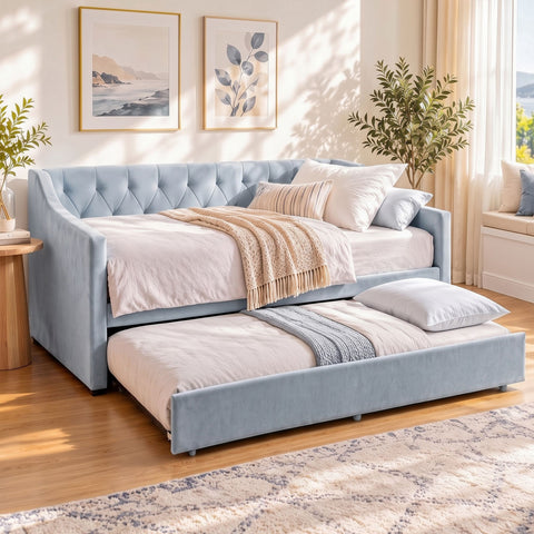 Artiss Single Buttonless Tufted Daybed Frame & Trundle, Blue In Australia - Darrahopens