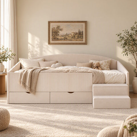 Artiss King Single Upholstered Daybed with Stairs & Storage Drawers, Beige