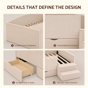Artiss King Single Upholstered Daybed with Stairs & Storage Drawers, Beige