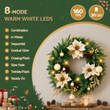 Jingle Jollys 60cm Pre-Lit Christmas Wreath LED Garlands Gold Flowers Pinecones Decor