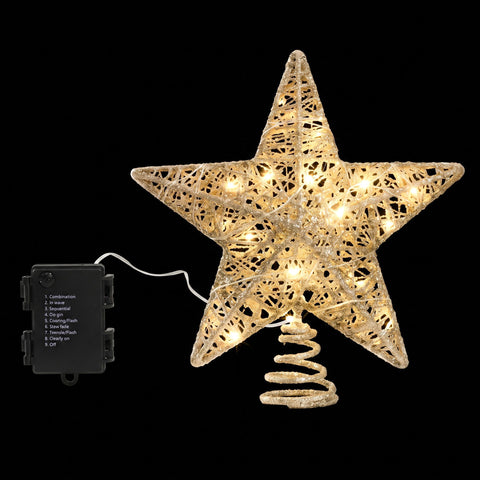 Jingle Jollys 3D Christmas Tree Topper Star 20 Warm LED Lights Gold Glitter