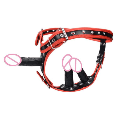 Darrahopens Adult Products > Sex Toys > For Women House Of Dasein Big Fantasy Harness Triple Dildos Pegging Kit Red Black Strapon - Red