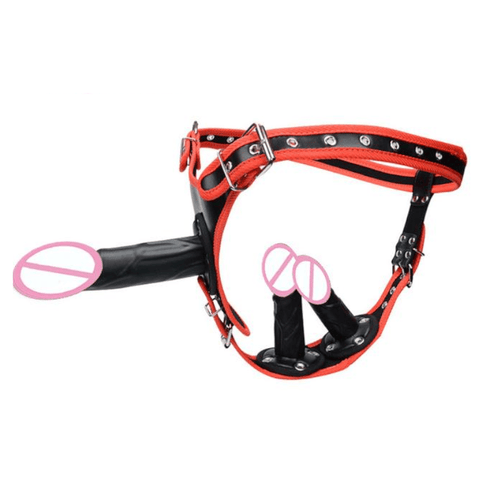 Darrahopens Adult Products > Sex Toys > For Women House Of Dasein Big Fantasy Harness Triple Dildos Pegging Kit Red Black Strapon - Red - Big