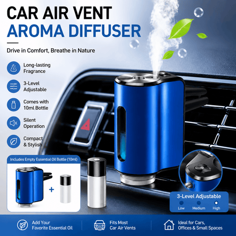 Darrahopens Appliances > Aroma Diffusers & Humidifiers > Aroma Diffusers Blue Car Vent Air Freshener Diffuser (Includes a 10ml empty essential oil bottle) 3-Speed Adjustable Aroma Atomiser – Compact Aluminum Alloy USB Essential Oil Car Fragrance Clip
