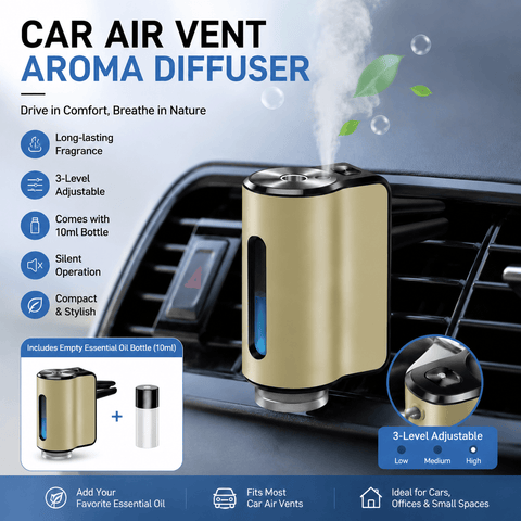 Darrahopens Appliances > Aroma Diffusers & Humidifiers > Aroma Diffusers Golden Car Vent Air Freshener Diffuser (Includes a 10ml empty essential oil bottle) 3-Speed Adjustable Aroma Atomiser – Compact Aluminum Alloy USB Essential Oil Car Fragrance Clip