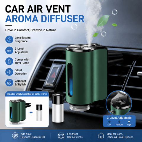 Darrahopens Appliances > Aroma Diffusers & Humidifiers > Aroma Diffusers Green Car Vent Air Freshener Diffuser (Includes a 10ml empty essential oil bottle) 3-Speed Adjustable Aroma Atomiser – Compact Aluminum Alloy USB Essential Oil Car Fragrance Clip