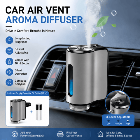 Darrahopens Appliances > Aroma Diffusers & Humidifiers > Aroma Diffusers Silvery Car Vent Air Freshener Diffuser (Includes a 10ml empty essential oil bottle) 3-Speed Adjustable Aroma Atomiser – Compact Aluminum Alloy USB Essential Oil Car Fragrance Clip