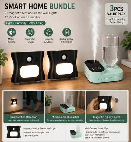 Darrahopens Appliances > Aroma Diffusers & Humidifiers > Humidifiers 3PCS Smart Home Atmosphere Set – Green USB Rechargeable Camera Humidifier & 2pcs Black RGB Motion Sensor Wall Light, Magnetic Wireless Night Lamp with Remote Control for Bedroom, Living Room & Office