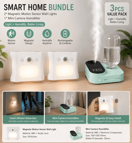 Darrahopens Appliances > Aroma Diffusers & Humidifiers > Humidifiers 3PCS Smart Home Atmosphere Set – Green USB Rechargeable Camera Humidifier & 2pcs White RGB Motion Sensor Wall Light, Magnetic Wireless Night Lamp with Remote Control for Bedroom, Living Room & Office