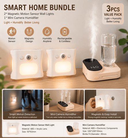 Darrahopens Appliances > Aroma Diffusers & Humidifiers > Humidifiers 3PCS Smart Home Atmosphere Set – Pink USB Rechargeable Camera Humidifier & 2pcs White RGB Motion Sensor Wall Light, Magnetic Wireless Night Lamp with Remote Control for Bedroom, Living Room & Office