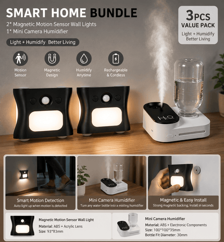 Darrahopens Appliances > Aroma Diffusers & Humidifiers > Humidifiers 3PCS Smart Home Atmosphere Set – White USB Rechargeable Camera Humidifier & 2pcs Black RGB Motion Sensor Wall Light, Magnetic Wireless Night Lamp with Remote Control for Bedroom, Living Room & Office
