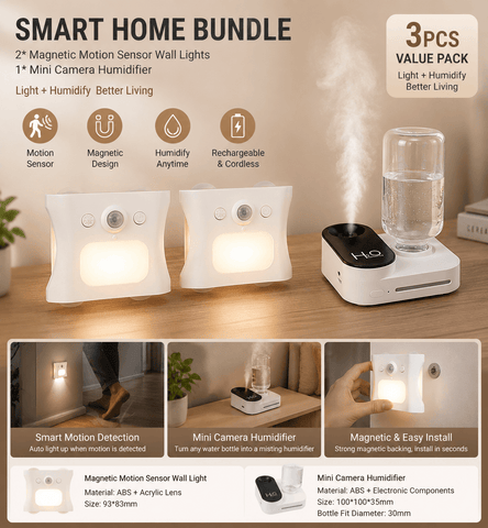 Darrahopens Appliances > Aroma Diffusers & Humidifiers > Humidifiers 3PCS Smart Home Atmosphere Set – White USB Rechargeable Camera Humidifier & 2pcs White RGB Motion Sensor Wall Light, Magnetic Wireless Night Lamp with Remote Control for Bedroom, Living Room & Office