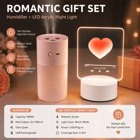 Darrahopens Appliances > Aroma Diffusers & Humidifiers > Humidifiers Creative Romantic Home Gift Set - Pink Dual Spray USB Humidifier with  Warm LED Night Light and White Acrylic Decorative Ambient Lamp, Portable Lamp and Car Humidifier Bundle for Bedroom Office Living Room