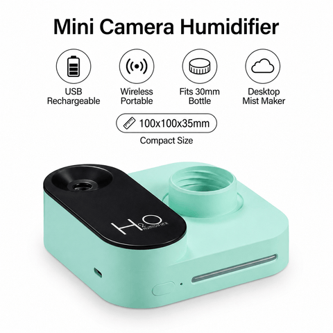 Darrahopens Appliances > Aroma Diffusers & Humidifiers > Humidifiers Green Mini Camera Humidifier, USB Rechargeable Portable Water Bottle Humidifier with LED Night Light, Wireless Desktop Mist Maker for Office, Bedroom, Travel & Car