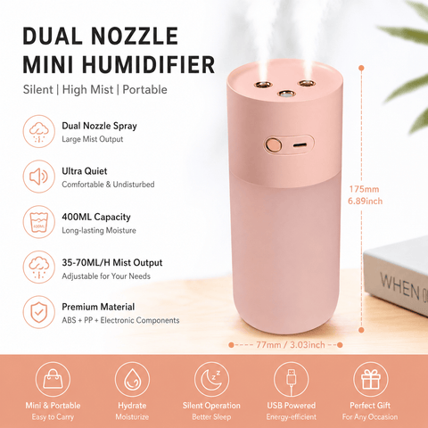 Darrahopens Appliances > Aroma Diffusers & Humidifiers > Humidifiers Pink Dual Spray USB Humidifier with Warm LED Night Light - 400ml Mini Portable Desk and Car Humidifier, Quiet Mist Output, ABS and PP Construction, Compact Rechargeable Moisture Solution for Home Office Travel