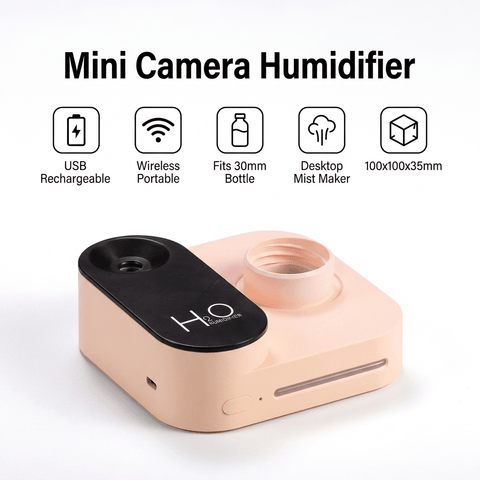 Darrahopens Appliances > Aroma Diffusers & Humidifiers > Humidifiers Pink Mini Camera Humidifier, USB Rechargeable Portable Water Bottle Humidifier with LED Night Light, Wireless Desktop Mist Maker for Office, Bedroom, Travel & Car