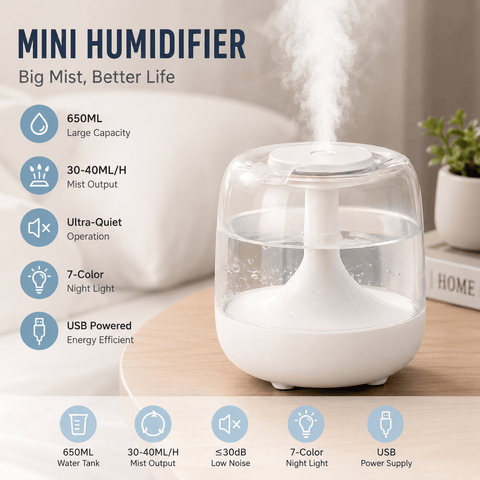 Darrahopens Appliances > Aroma Diffusers & Humidifiers > Humidifiers White 650ML USB Mini Humidifier with Aromatherapy Function, Cool Mist Air Humidifier for Bedroom, Home Office, Quiet Large Mist Output Diffuser with Night Light