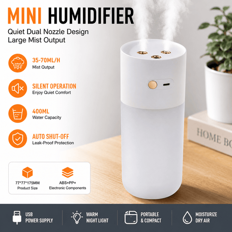 Darrahopens Appliances > Aroma Diffusers & Humidifiers > Humidifiers White Dual Spray USB Humidifier with Warm LED Night Light - 400ml Mini Portable Desk and Car Humidifier, Quiet Mist Output, ABS and PP Construction, Compact Rechargeable Moisture Solution for Home Office Travel