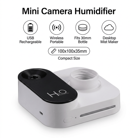 Darrahopens Appliances > Aroma Diffusers & Humidifiers > Humidifiers White Mini Camera Humidifier, USB Rechargeable Portable Water Bottle Humidifier with LED Night Light, Wireless Desktop Mist Maker for Office, Bedroom, Travel & Car