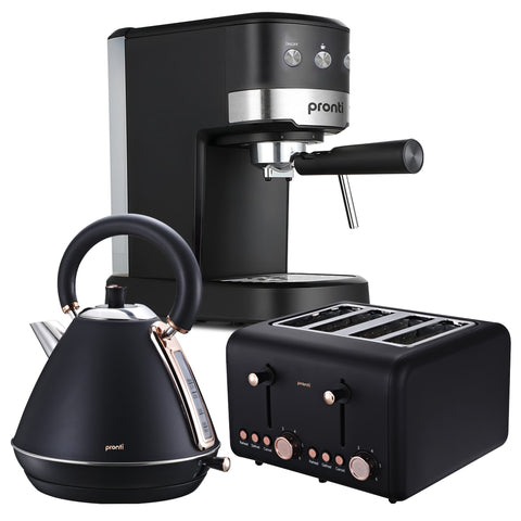 Darrahopens Appliances > Kitchen Appliances > Coffee Machines & Accessories Pronti Breakfast Set with Rose Gold Kettle & Toaster with 1.2L Espresso Machine - Black
