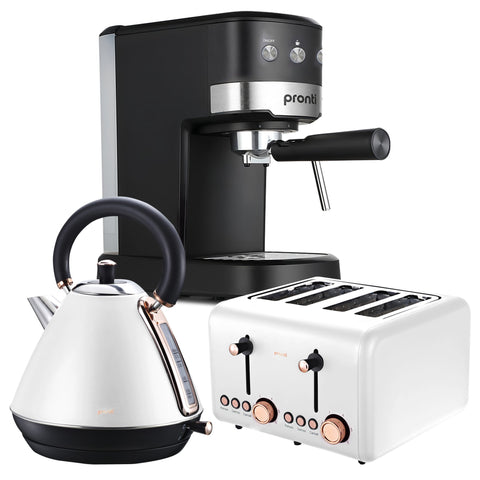 Darrahopens Appliances > Kitchen Appliances > Coffee Machines & Accessories Pronti Breakfast Set with Rose Gold Kettle & Toaster with 1.2L Espresso Machine - White