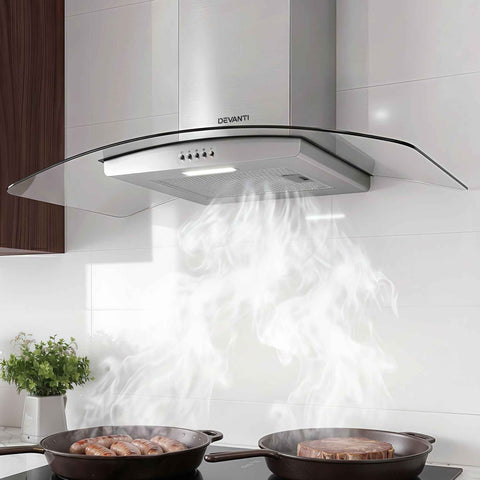Darrahopens Appliances > Kitchen Appliances > Cooking Ranges Devanti 90cm Range Hood Curved Glass Canopy Rangehood Kitchen Exhaust Fan