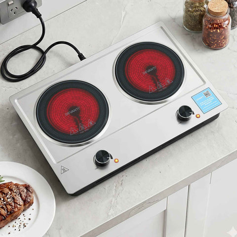 Darrahopens Appliances > Kitchen Appliances > Cooktops & Stoves Devanti 2 Hobs Ceramic Cooktop Electric Hot Plate Infrared Knob Control 2400W