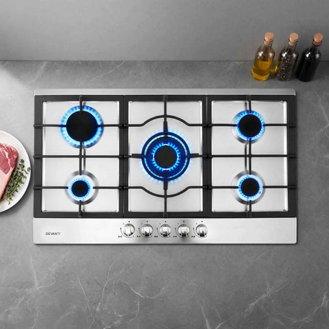 Darrahopens Appliances > Kitchen Appliances > Cooktops & Stoves Devanti 90cm Gas Cooktop 5 Burner LPG NG Stainless Steel Hob Silver