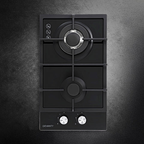 Darrahopens Appliances > Kitchen Appliances > Cooktops & Stoves Devanti Gas Cooktop 30cm 2 Burner Built-in Stove Glass Cook Top NG LPG Wok Burner