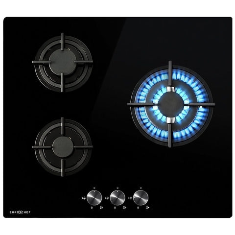 Darrahopens Appliances > Kitchen Appliances > Cooktops & Stoves EUROCHEF 60cm 3 Burner Gas Cooktop, with Wok Burner, Tempered Glass, Natural Gas & LPG, Black