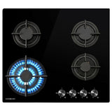 Darrahopens Appliances > Kitchen Appliances > Cooktops & Stoves EUROCHEF 60cm 4 Burner Gas Cooktop, with Wok Burner, Tempered Glass, Natural Gas & LPG, Black