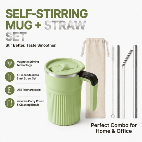 Darrahopens Appliances > Kitchen Appliances > Food Mixers & Blenders Green Self Stirring Coffee Mug Electric Temperature Display Cup 14.4cm (5.67in) Stainless Steel Insulated Travel Mug with 3-Piece Stainless Steel Straw Set for Coffee Milk Protein Shakes