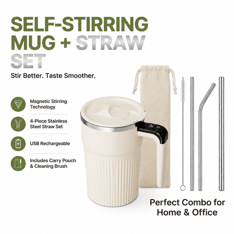 Darrahopens Appliances > Kitchen Appliances > Food Mixers & Blenders White Self Stirring Coffee Mug Electric Temperature Display Cup 14.4cm (5.67in) Stainless Steel Insulated Travel Mug with 3-Piece Stainless Steel Straw Set for Coffee Milk Protein Shakes