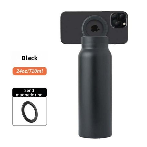Darrahopens Appliances > Kitchen Appliances > Kettles Black 24oz Stainless Steel Insulated Water Bottle With 90° Adjustable Vertical/Horizontal Magnetic Phone Holder - Ringo Style Magnetic Lid Sport Flask
