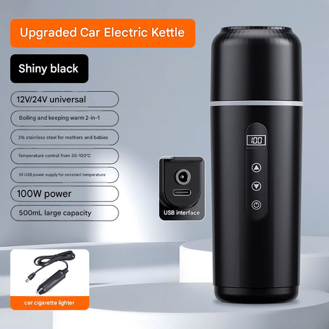 Darrahopens Appliances > Kitchen Appliances > Kettles Black Portable Car Electric Kettle 12V/24V Universal USB Travel Water Boiler 500ml 316 Stainless Steel Smart Temperature Control