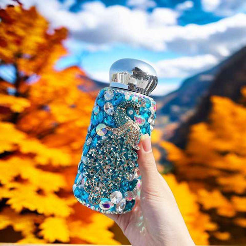 Darrahopens Appliances > Kitchen Appliances > Kettles Blue Peacock Pattern Handmade Luxury Diamond Insulated Water Bottle – Bling Rhinestone 304 Stainless Steel Pocket Mug (260ml)