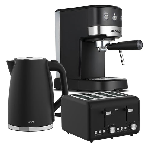 Darrahopens Appliances > Kitchen Appliances > Kettles Pronti Breakfast Set with 1.25L Coffee Machine, Silver Noir Toaster & Kettle