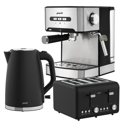 Darrahopens Appliances > Kitchen Appliances > Kettles Pronti Breakfast Set with 1.6L Coffee Machine, Silver Noir Toaster & Kettle